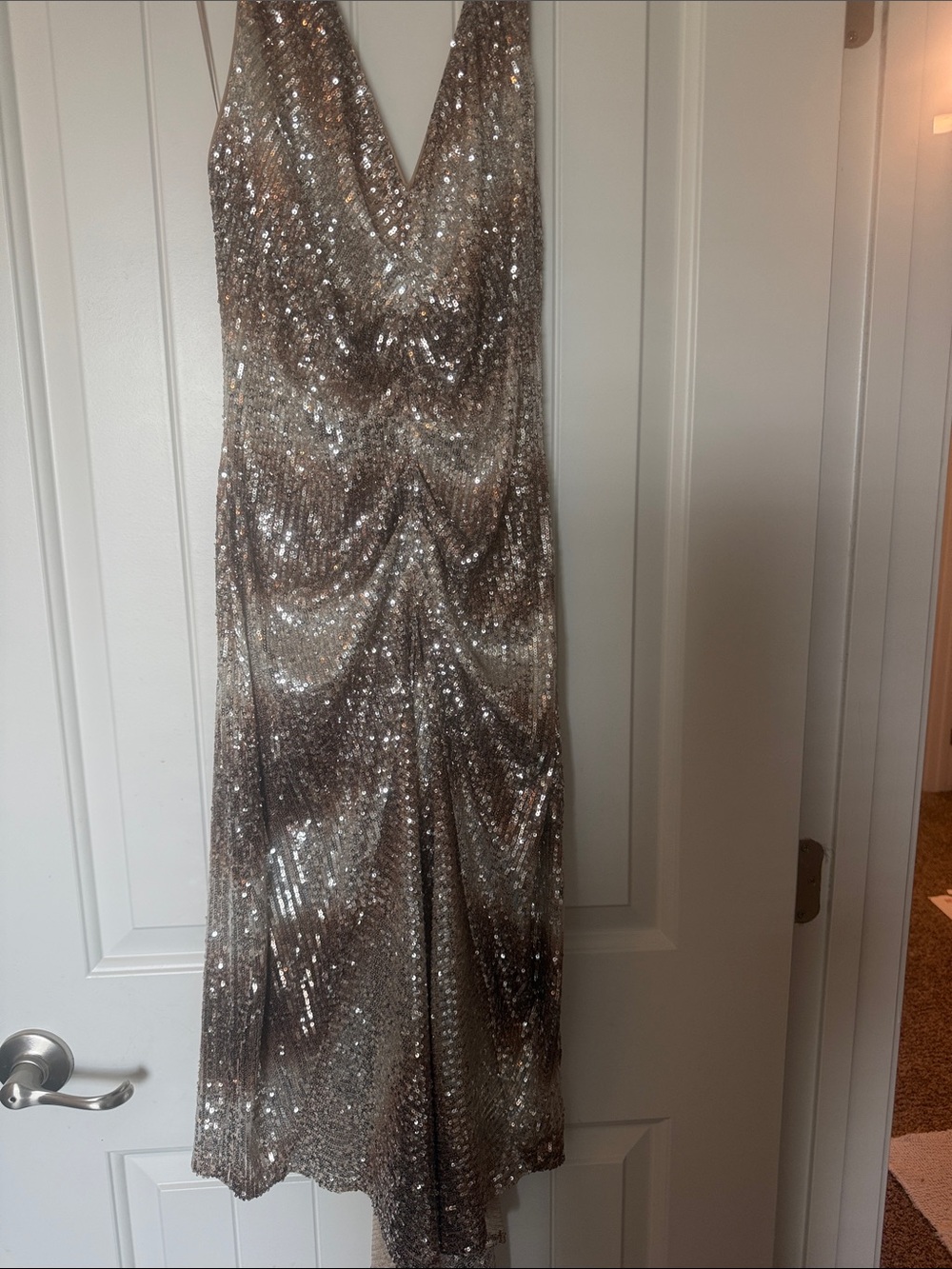 Badgley Mischka Silver Sequin V-Neck Evening Dress